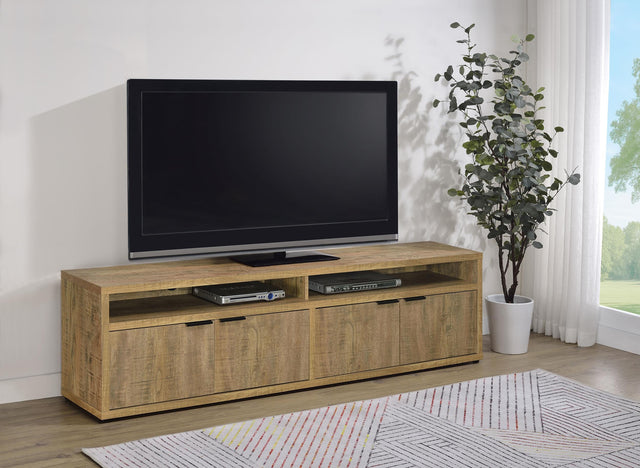 Close up of black handle bar on mango TV stand door