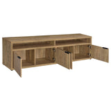 Side angle showing storage doors and open bays on mango TV stand