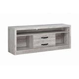 Side angle of Burke TV Console showing open shelves and drawers