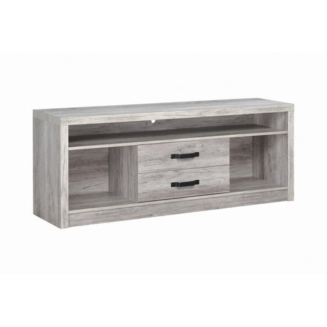 Side angle of Burke TV Console showing open shelves and drawers