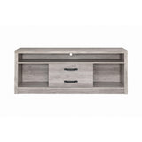 Top view of Burke TV Console displaying media devices on slender open shelf