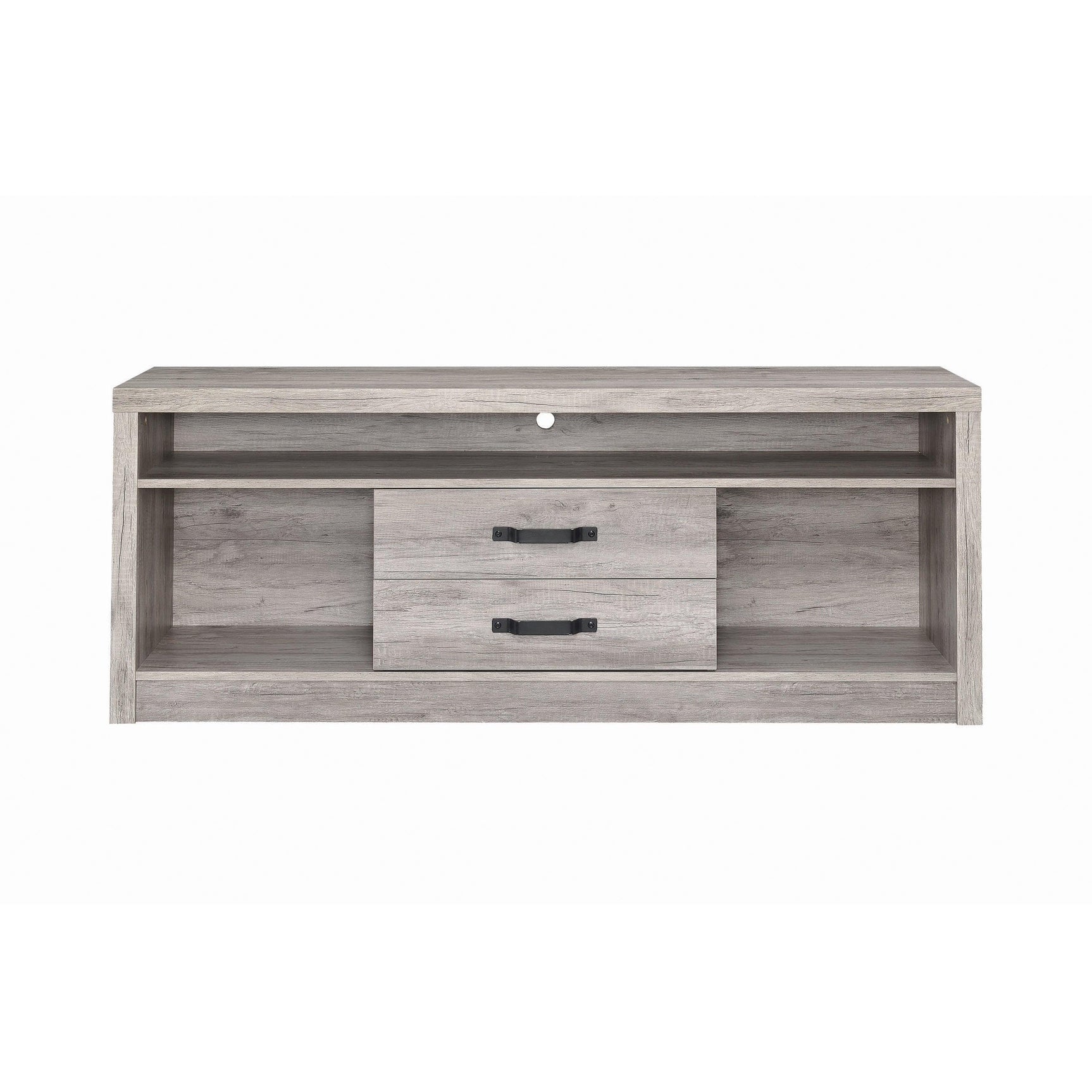 Top view of Burke TV Console displaying media devices on slender open shelf