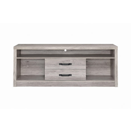 Top view of Burke TV Console displaying media devices on slender open shelf