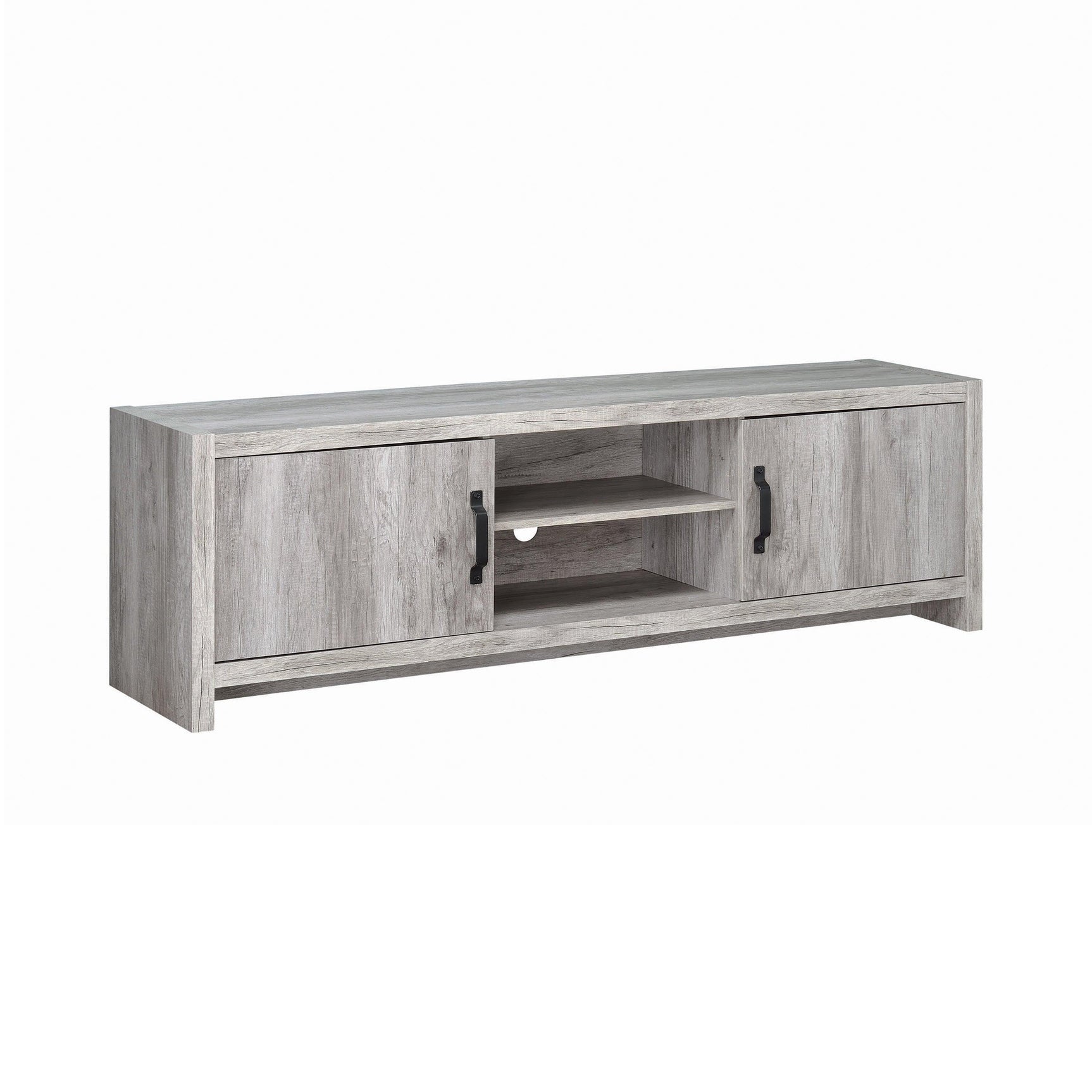 Side angle of Hays 2-Door TV Console with open storage and closed doors
