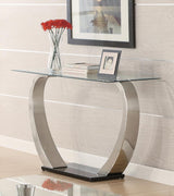Side view of Pruitt sofa table showing satin metal support and black base