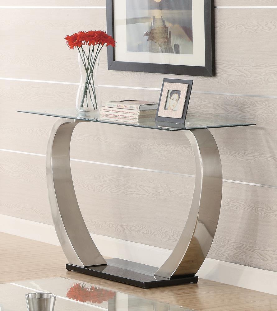 Side view of Pruitt sofa table showing satin metal support and black base