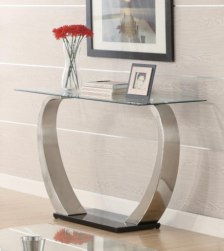 Side view of Pruitt sofa table showing satin metal support and black base