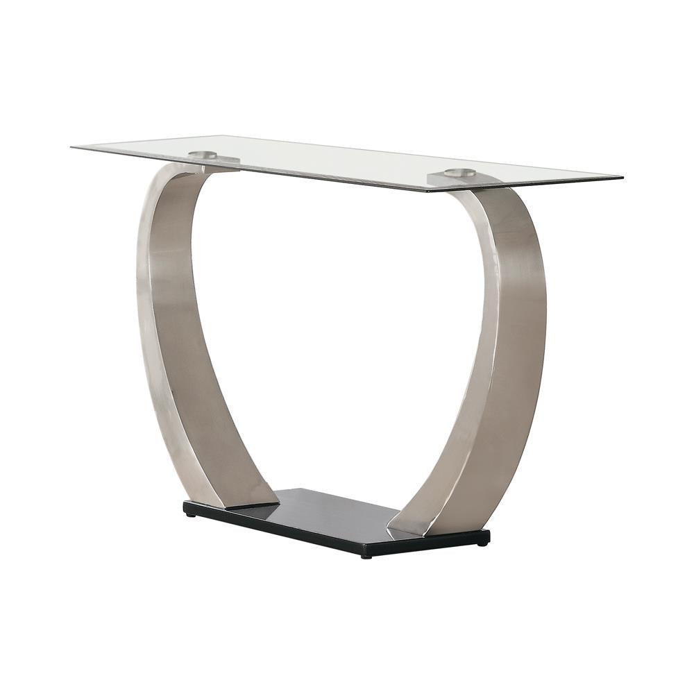 Front angle of Pruitt rectangular sofa table with sleek glass surface