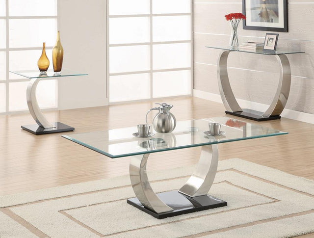 Pruitt rectangular sofa table displaying floating glass top profile