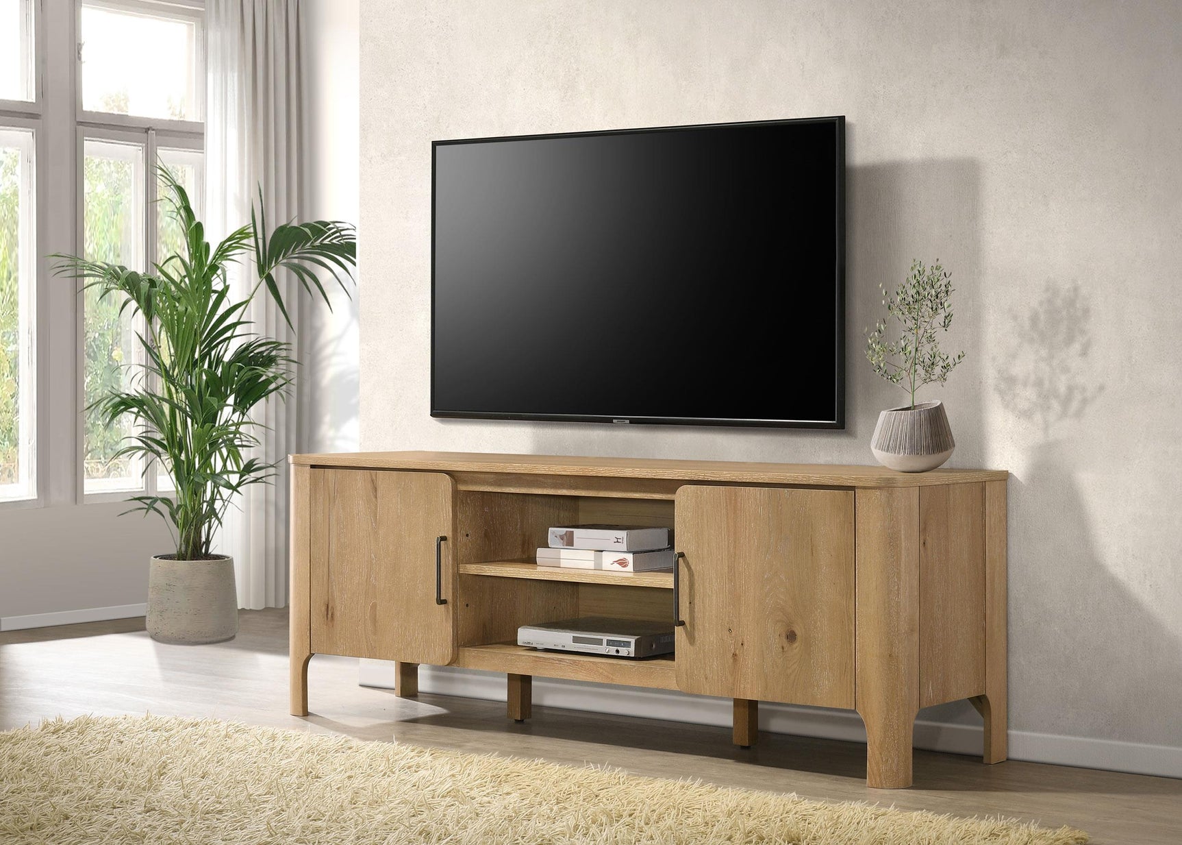 Rowe TV stand open door showing storage shelves