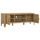 Side view of Rowe light oak TV stand