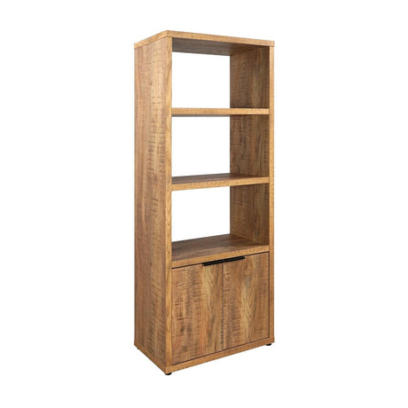 Tabby Media Tower showing front view with shelves and closed doors in mango finish