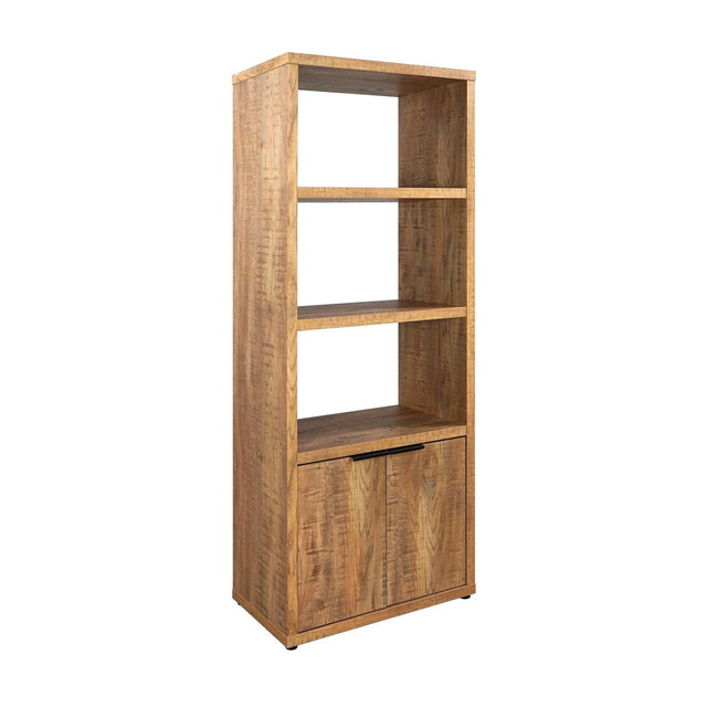 Tabby Media Tower showing front view with shelves and closed doors in mango finish
