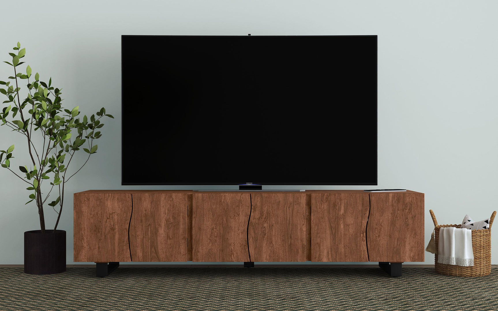 Close-up of door panel details on Trask TV stand