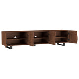 Side angle showing iron legs of Trask TV stand
