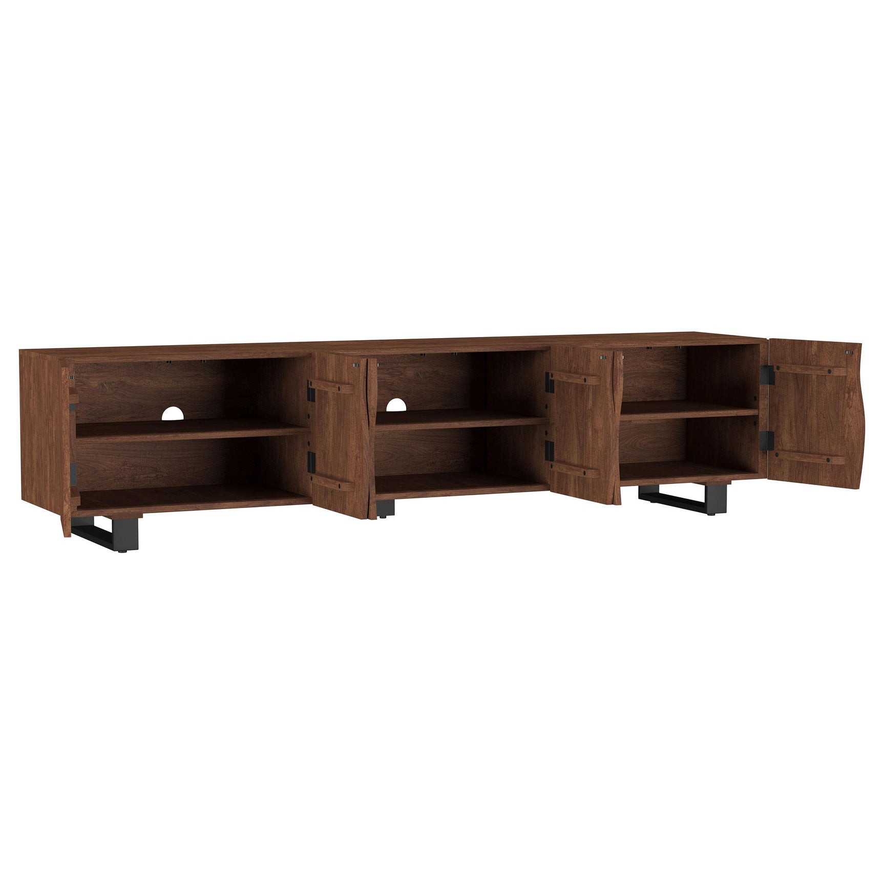 Side angle showing iron legs of Trask TV stand