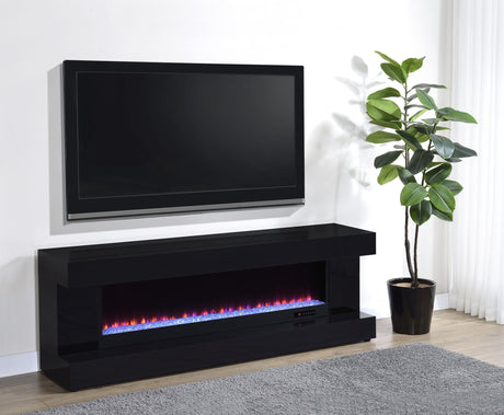 Side angle of Mallory TV stand showing sleek black high gloss finish