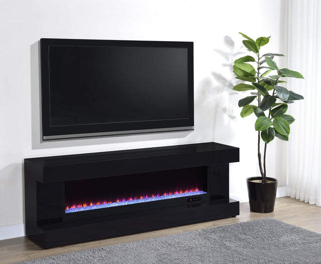 Side angle of Mallory TV stand showing sleek black high gloss finish