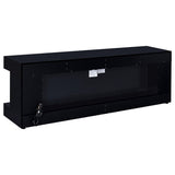 Mallory TV stand black high gloss front view with fireplace and Bluetooth speaker