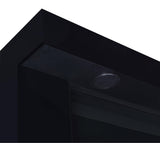Mallory TV stand black high gloss front view with fireplace and Bluetooth speaker