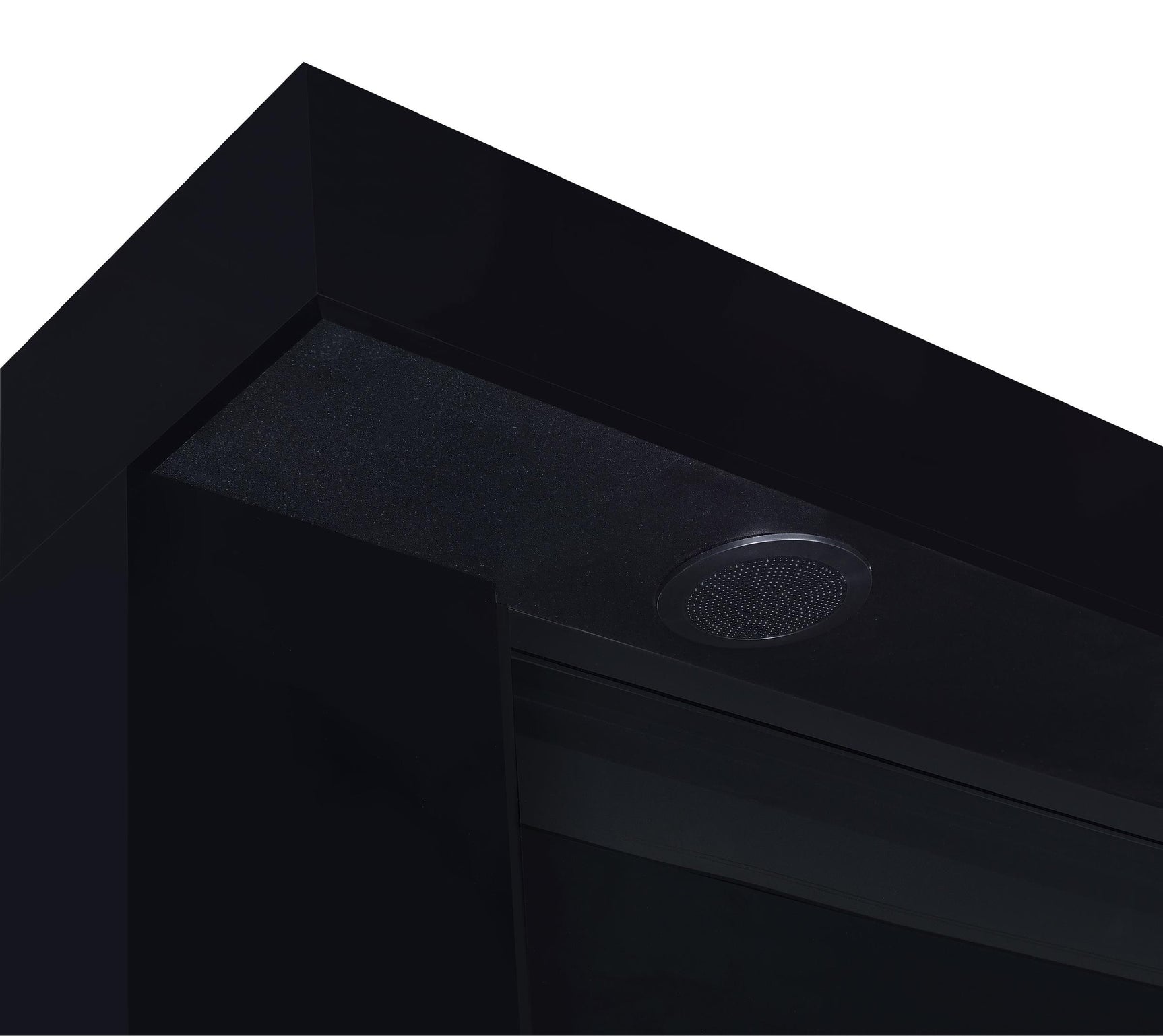 Mallory TV stand black high gloss front view with fireplace and Bluetooth speaker