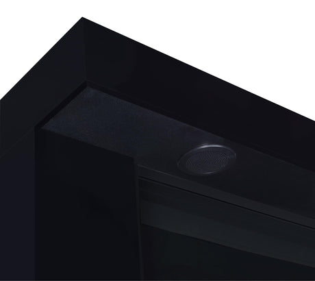 Mallory TV stand black high gloss front view with fireplace and Bluetooth speaker
