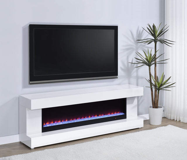 Close-up of crystal ember bed with adjustable LED flame colors