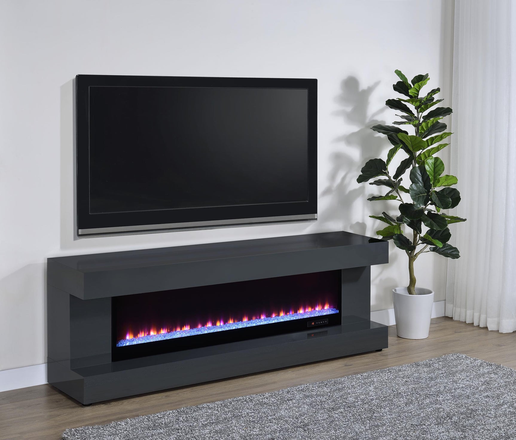 Side angle of Mallory grey high gloss TV stand showing flame visualizer