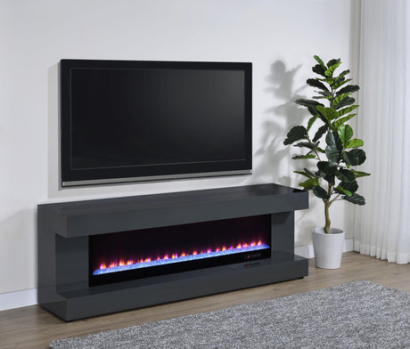 Side angle of Mallory grey high gloss TV stand showing flame visualizer