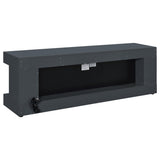 Mallory grey high gloss TV stand with fireplace and Bluetooth speaker frontal view