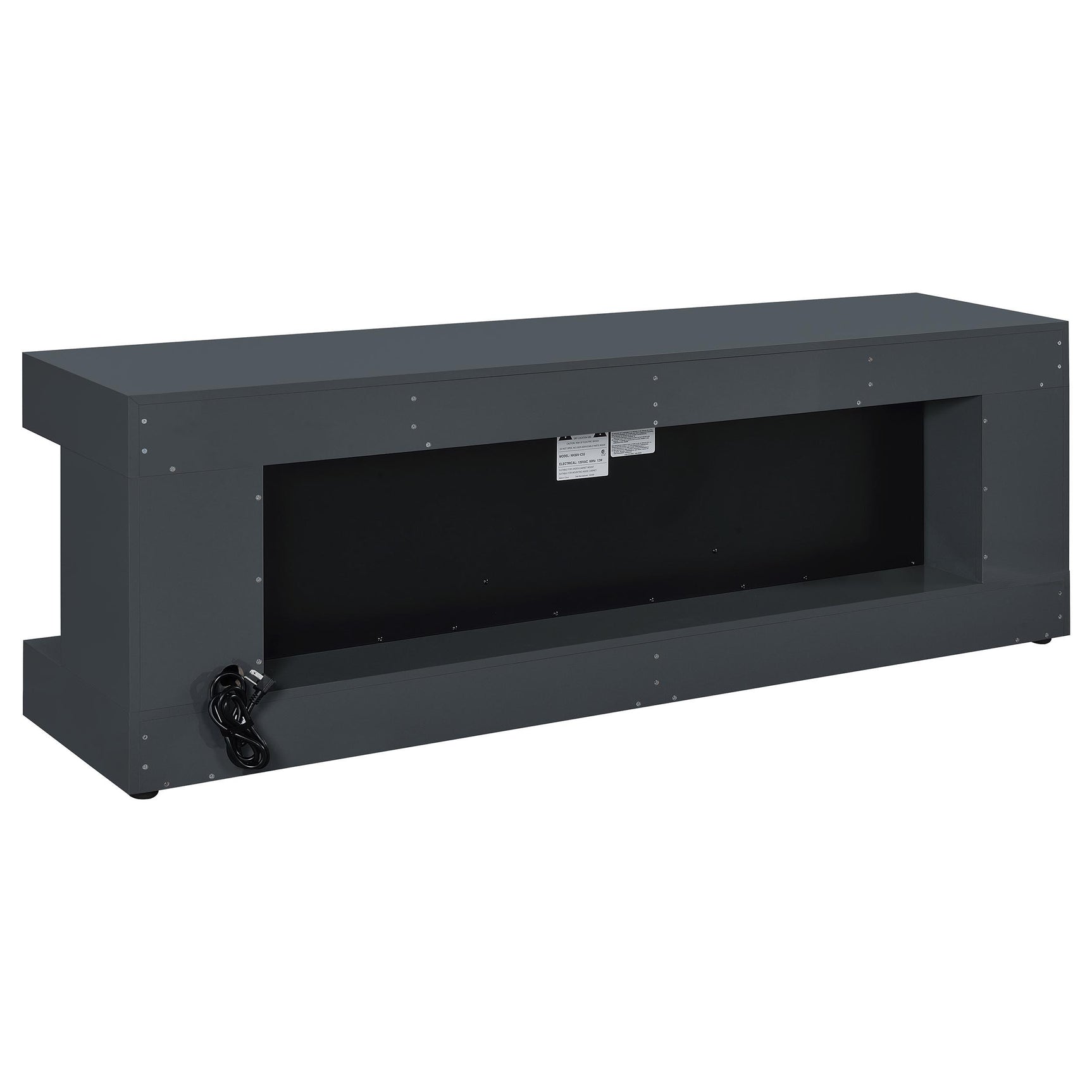 Mallory grey high gloss TV stand with fireplace and Bluetooth speaker frontal view