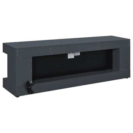 Mallory grey high gloss TV stand with fireplace and Bluetooth speaker frontal view