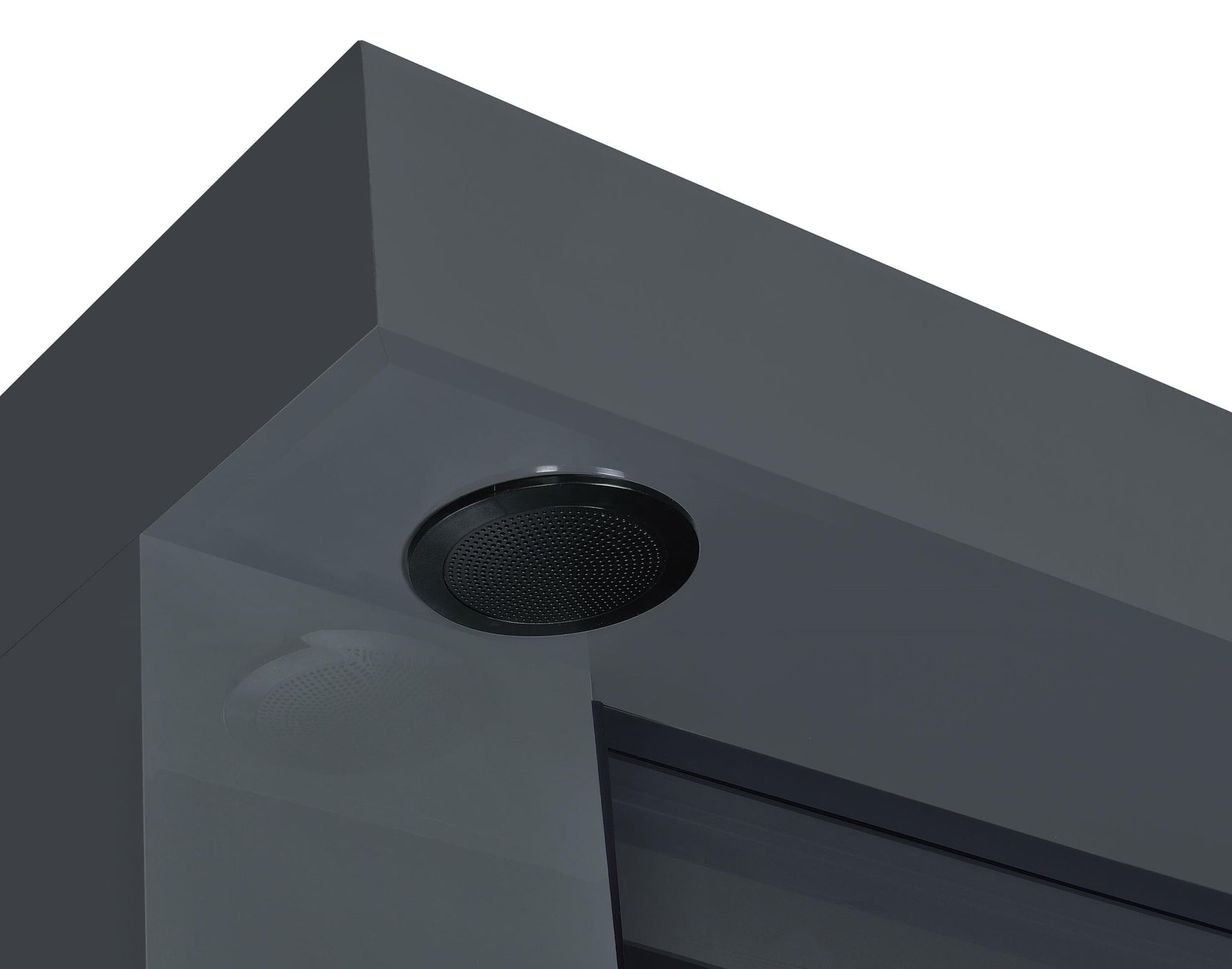 Mallory grey high gloss TV stand with fireplace and Bluetooth speaker frontal view