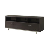 Casey TV Console closeup of chrome legs and drawer hardware