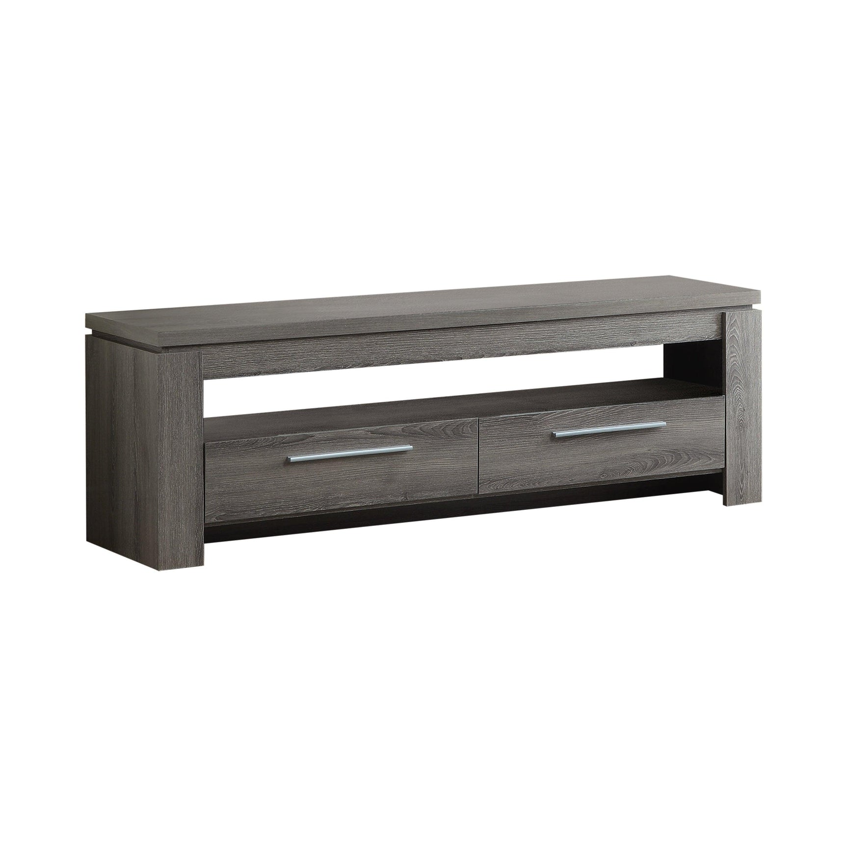 Elkton 2-Drawer TV Console Weathered Grey side view showing drawers