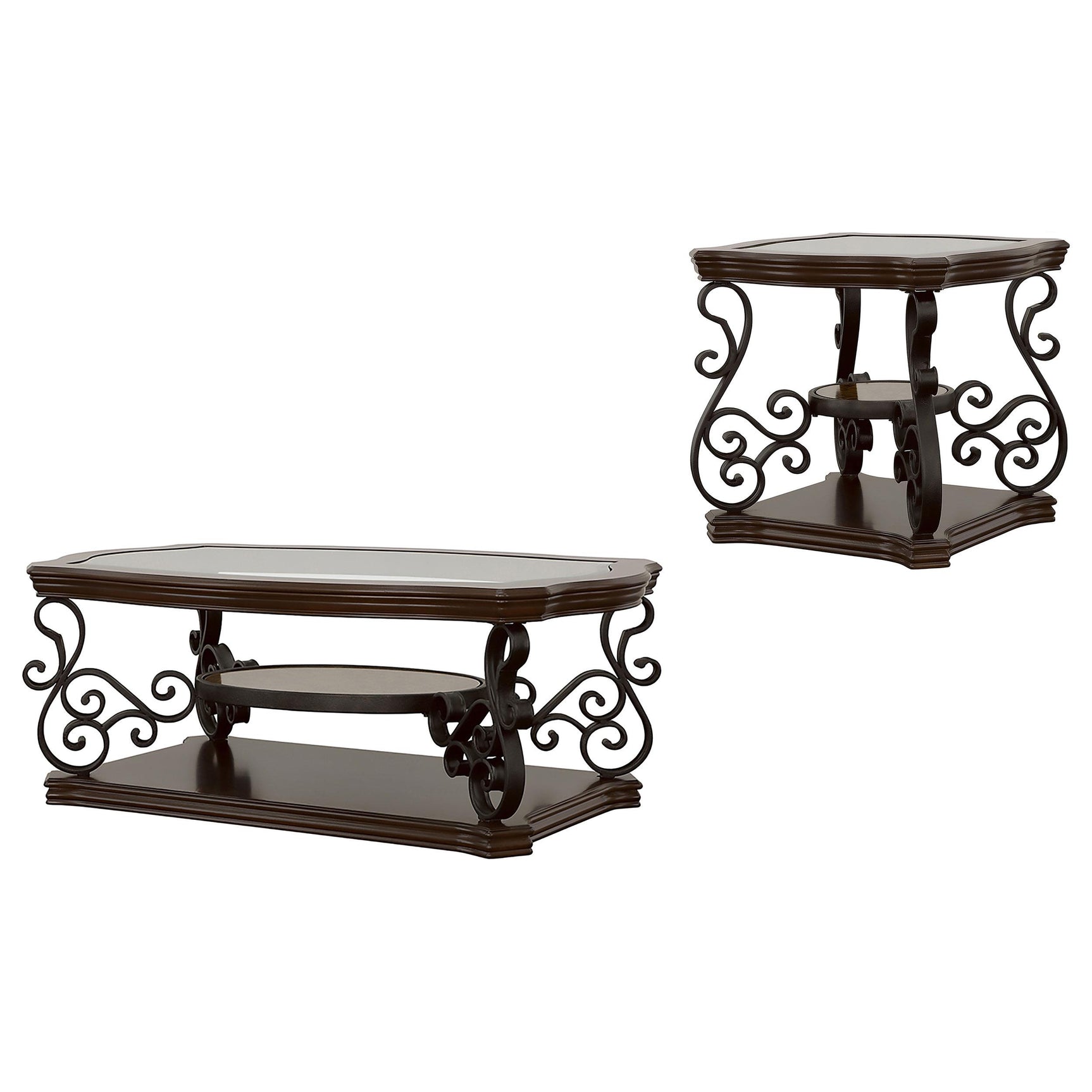 Laney coffee table with glass top and ornate metal legs