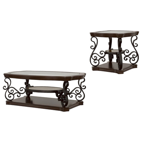 Laney coffee table with glass top and ornate metal legs