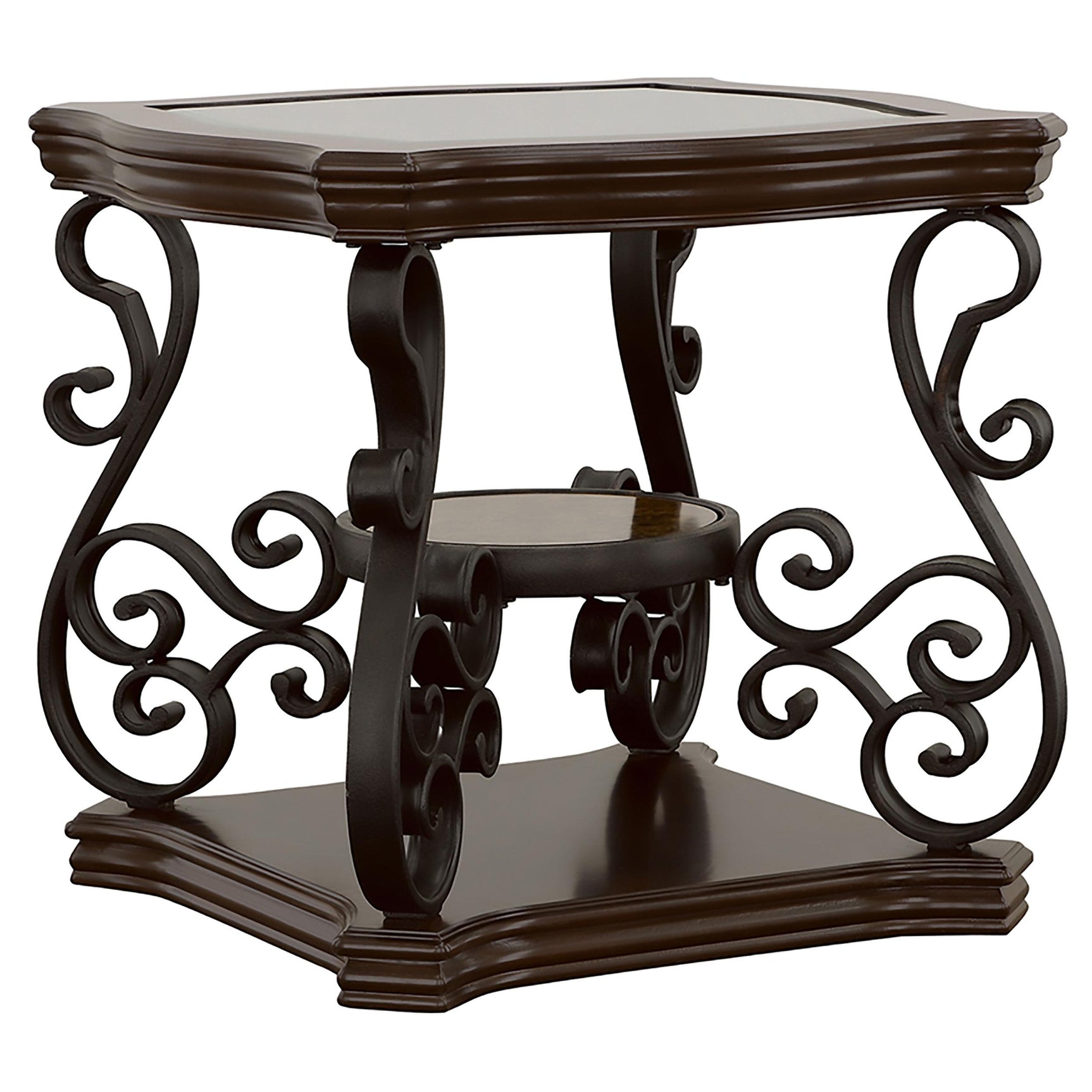 Laney end table glass top with scroll metal frame