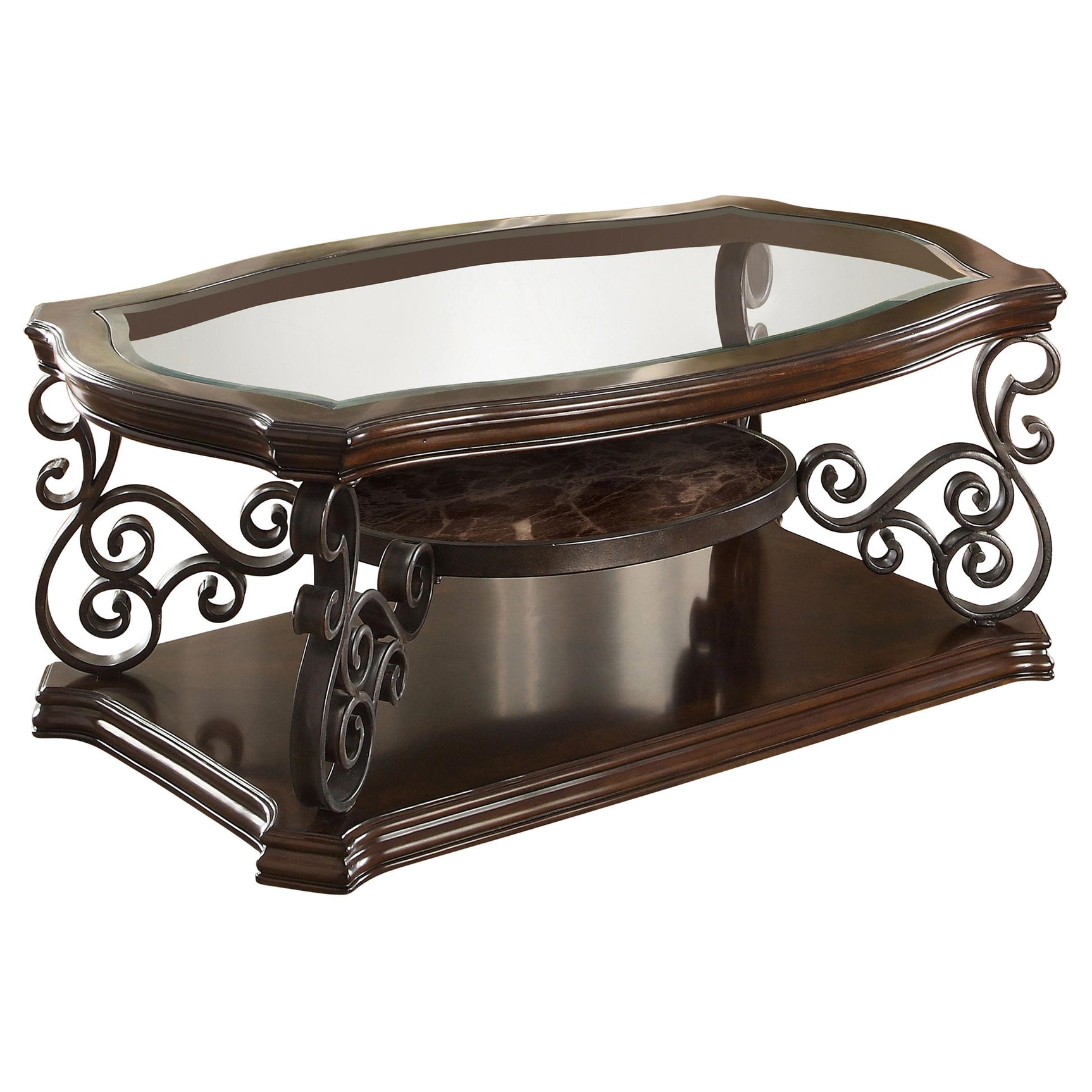 Side view of Laney coffee table showing polished wooden middle shelf