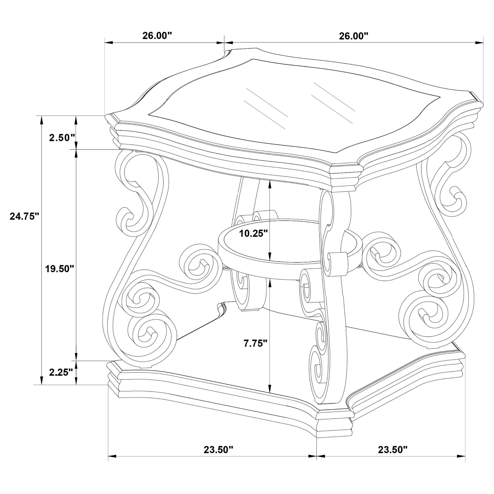 End table showing glass top and wooden shelf
