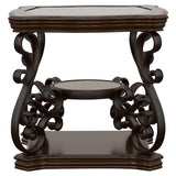 Side view of Laney coffee table showing middle wooden shelf