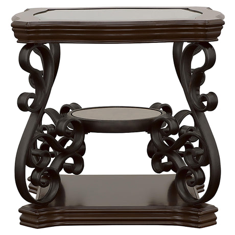 Side view of Laney coffee table showing middle wooden shelf