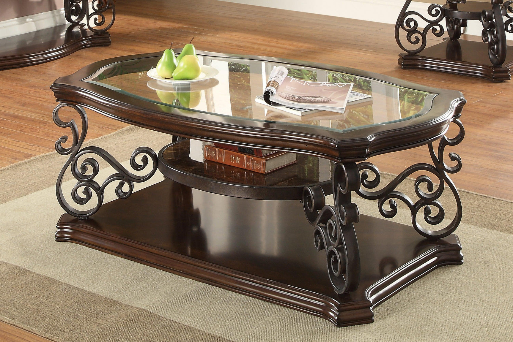Close-up of Laney End Table glass top and beveled wood edges