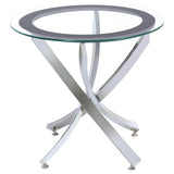 Close-up of chrome curved metal frame on Brooke coffee table