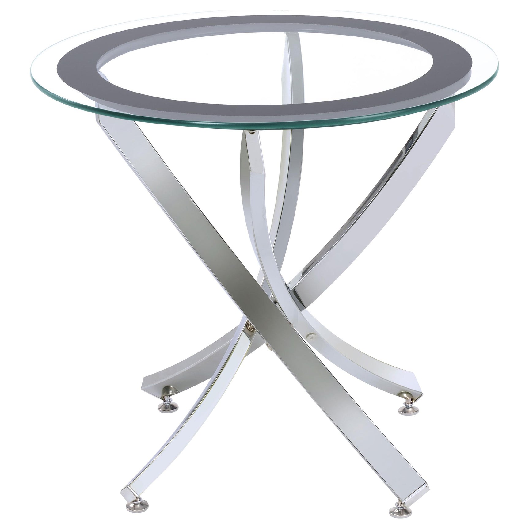 Close-up of chrome curved metal frame on Brooke coffee table
