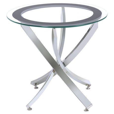 Close-up of chrome curved metal frame on Brooke coffee table