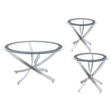 Round coffee table with tempered glass top and chrome base