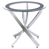 Brooke table set showing metal legs and glass tops