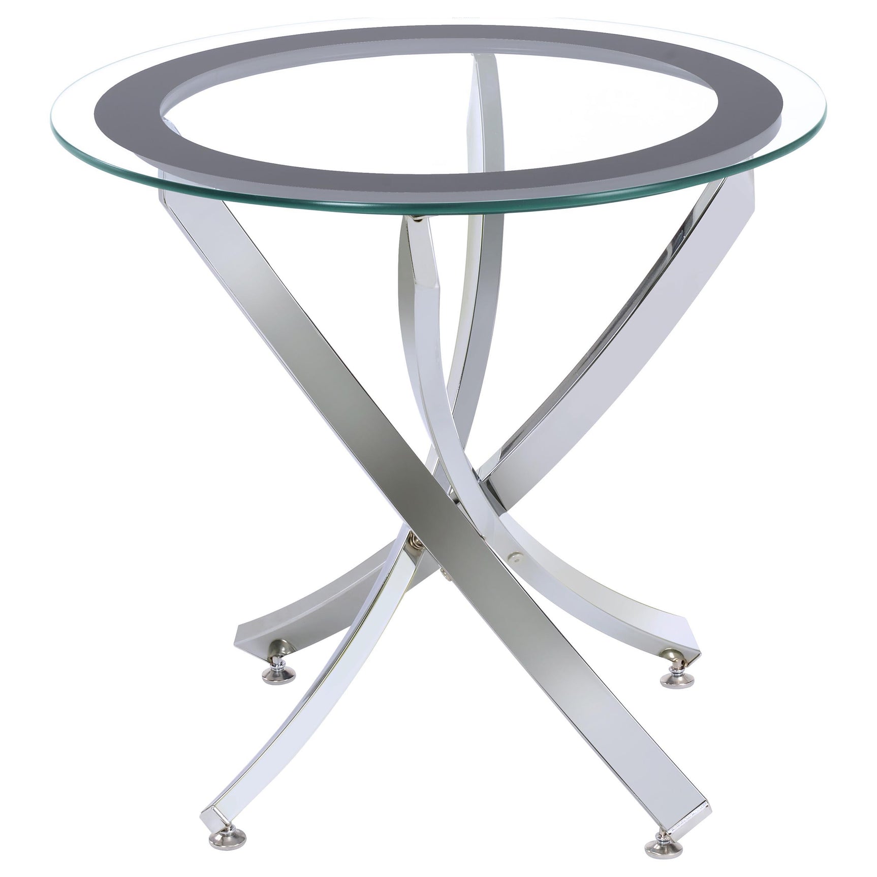 Brooke table set showing metal legs and glass tops