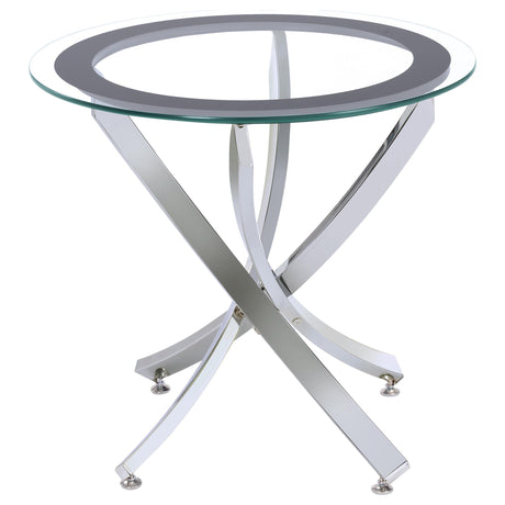 Brooke table set showing metal legs and glass tops